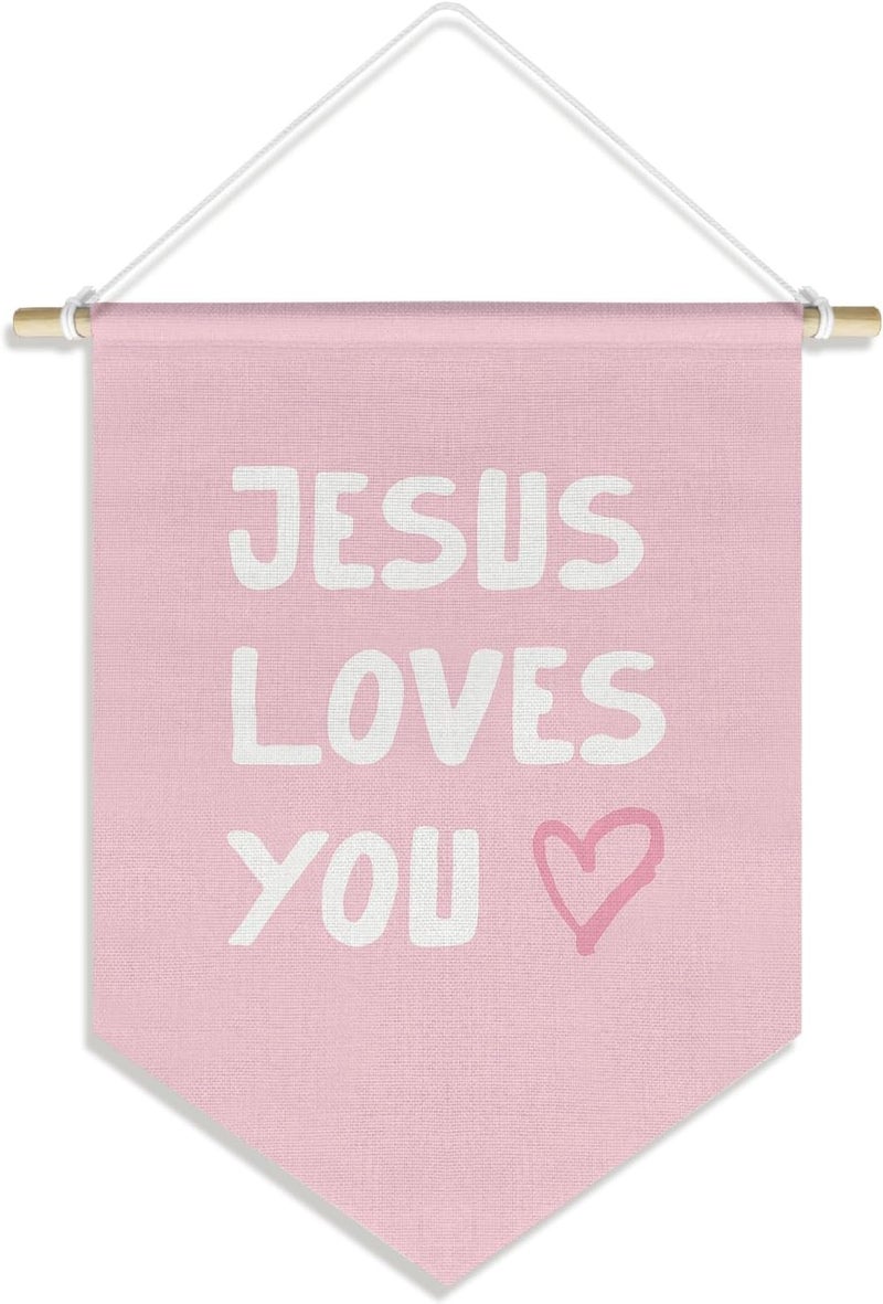 DSHFG Pink Christian Wall Art for Kids Baby Girl Nursery Classroom Toddler Room Bedroom, Kid Bible Verse Wall Decor Banner Hanging Pennant, Jesus Loves You, 15x11in - Image 1